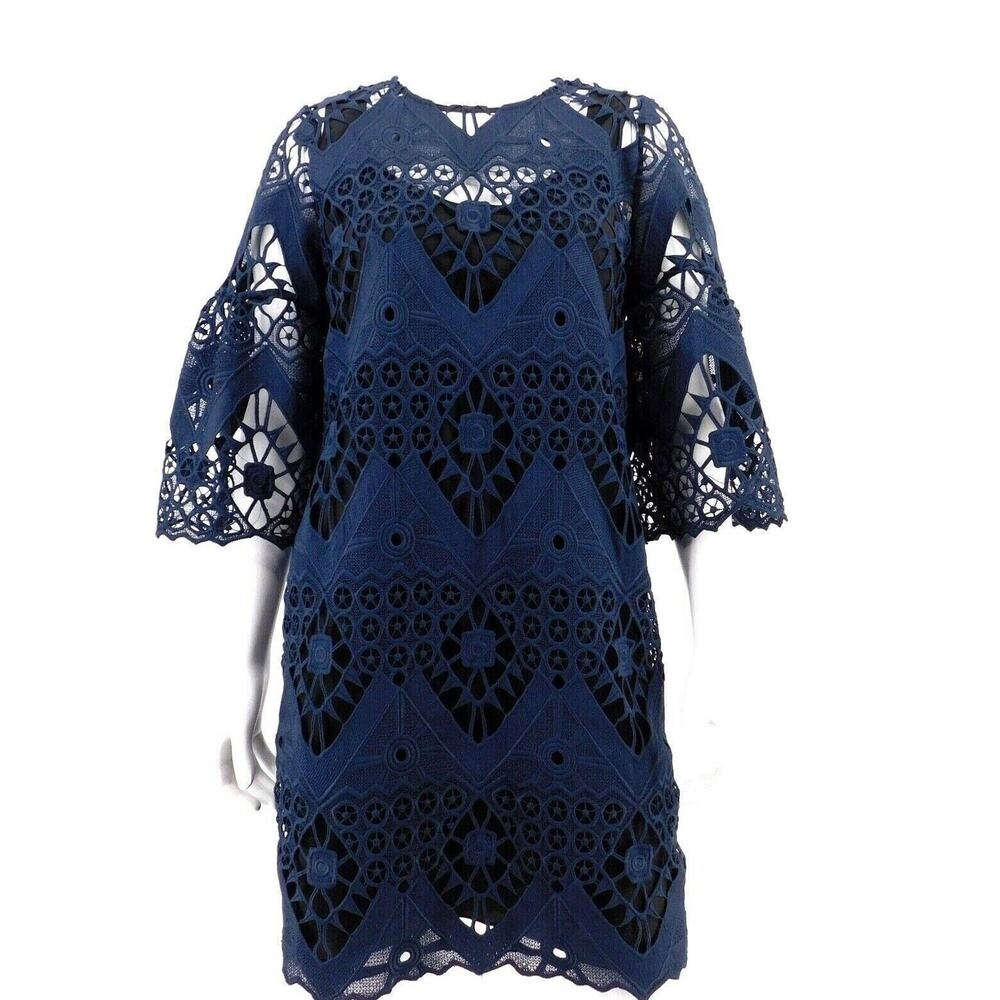 Mika Mindel Navy Blue Geometric Lace Overlay Bell Sleeve Dress Womens  Sz XS